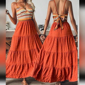 Women's Halterneck Tassel Rope Tie High Slit Backless Casual Holiday Dress